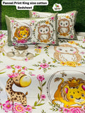 Cotton bedsheet with animal-themed design featuring lion, owl, and giraffe 