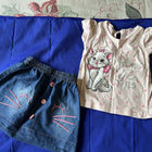 Children's denim shorts and white shirt with cartoon design 