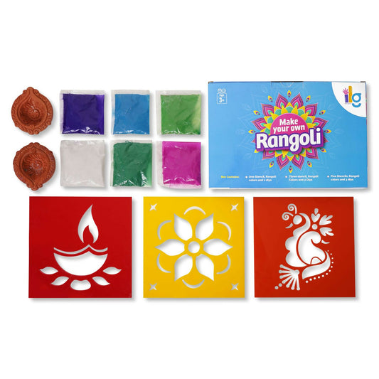 Elevate your festive celebrations with our DIY Rangoli Kit, a delightful set designed to add a touch of artistry and tradition to your home. This kit includes everything you need to create a beautiful rangoli, including a traditional stencil, six vibrant rangoli colors, and a charming diya.