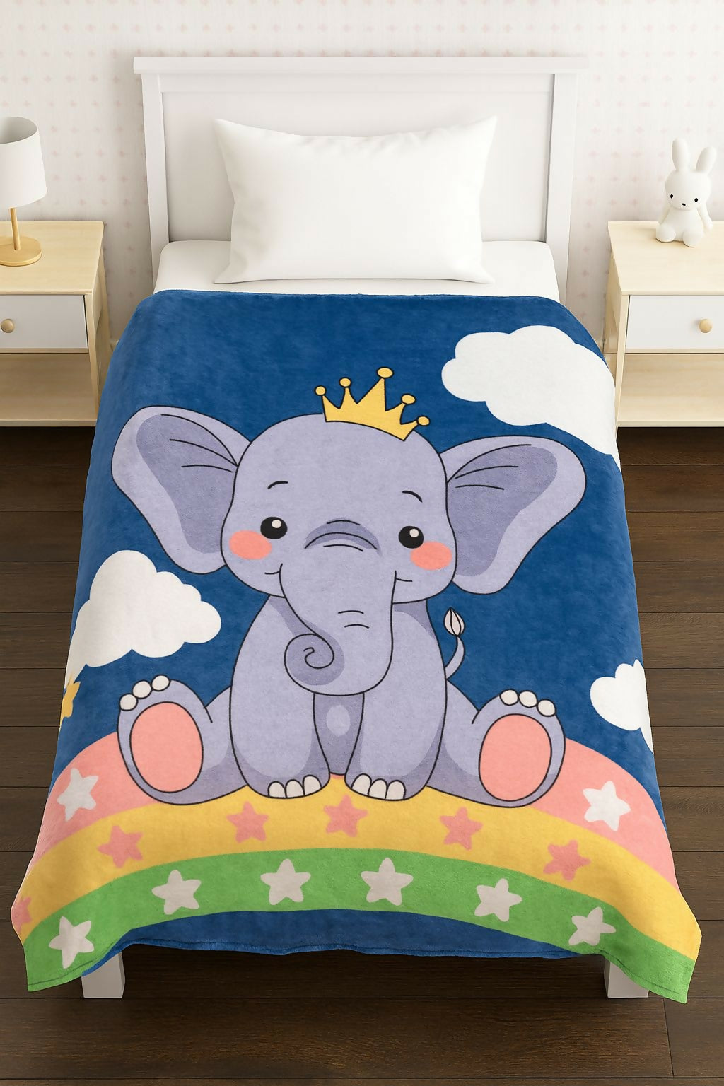 Children's blanket with an elephant design featuring a crown
