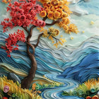 Decorative bedding sheet with a tree design featuring red and yellow leaves on a blue landscape background.