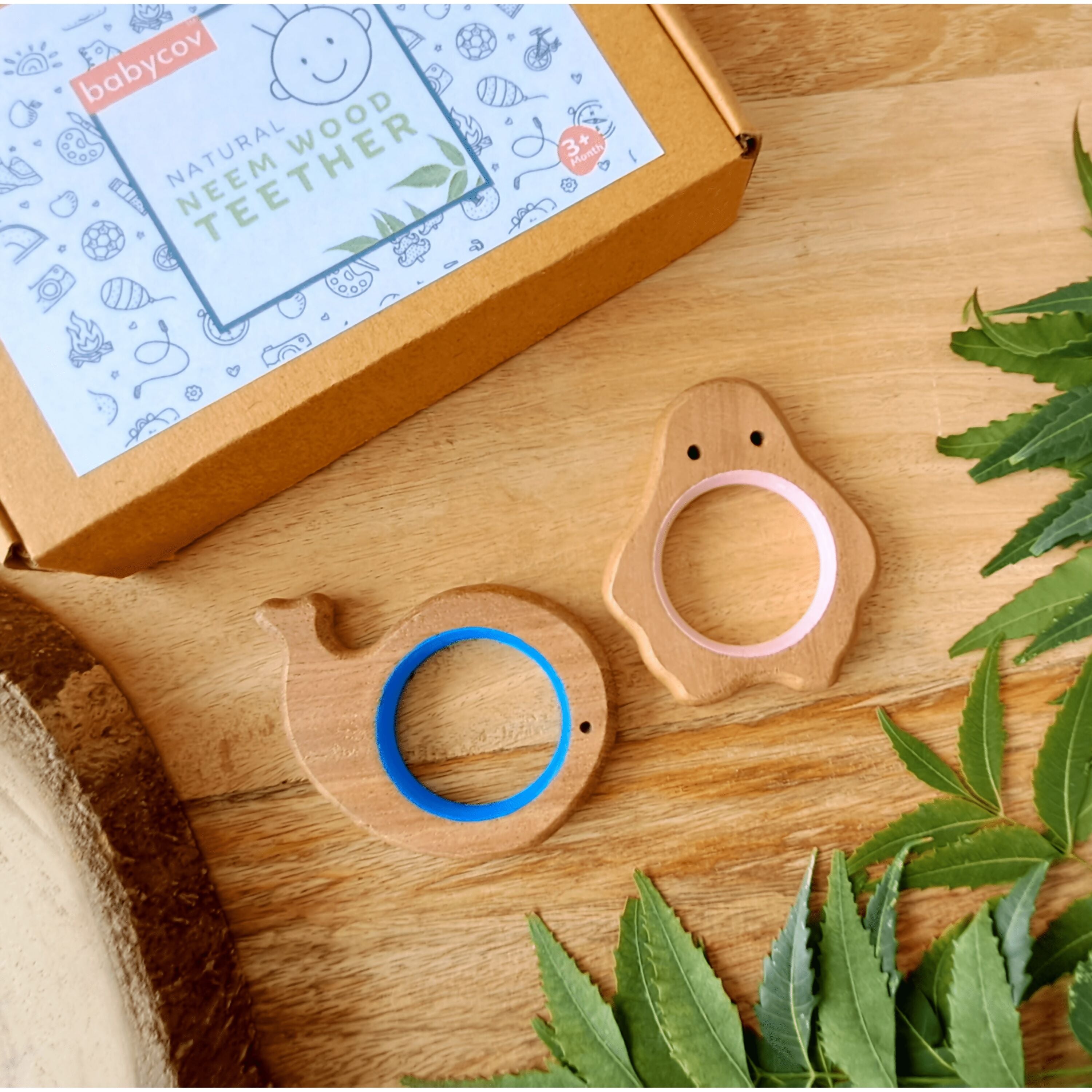 BABYCOV Cute Whale and Penguin Natural Neem Wood Teethers for Babies | Natural and Safe | Goodness of Organic Neem Wood | Both Chewing and Grasping Toy | Set of 2 (Age 4+ Months) - PyaraBaby