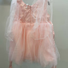 Pink dress with sheer overlay on a hanger against a plain background