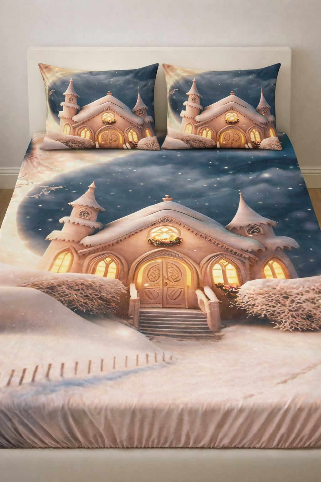 Bedding set with a snowy village design 