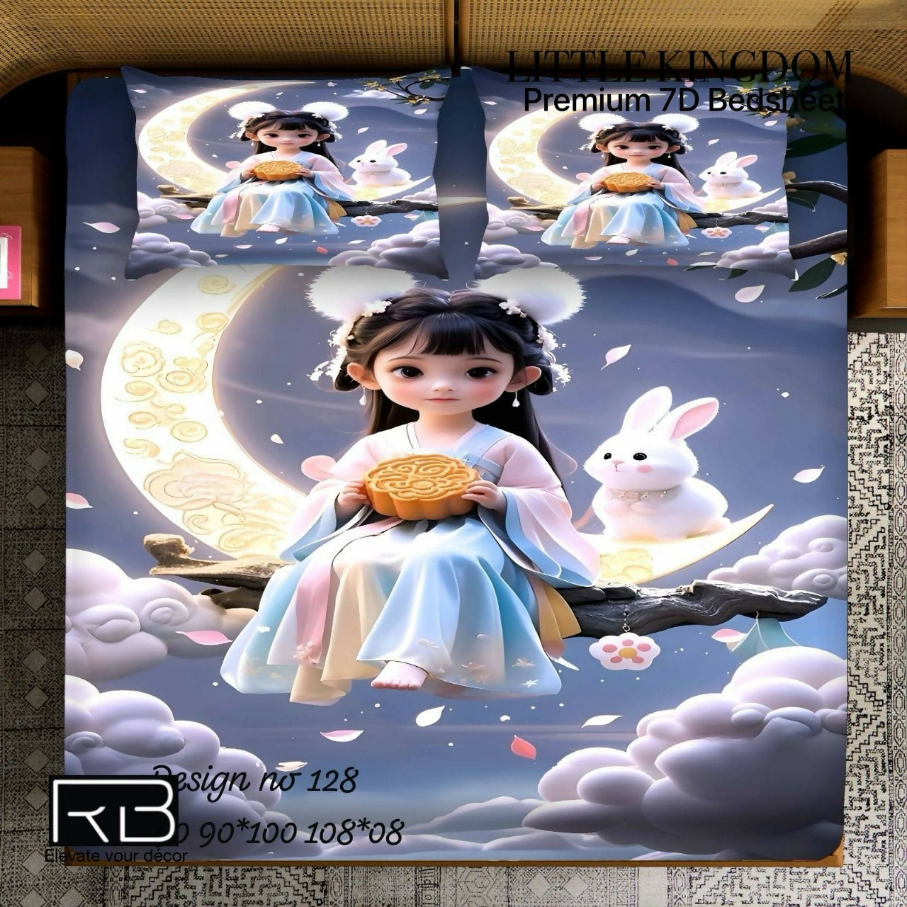 Bedding set with a design of a girl and rabbit under a moonlit sky