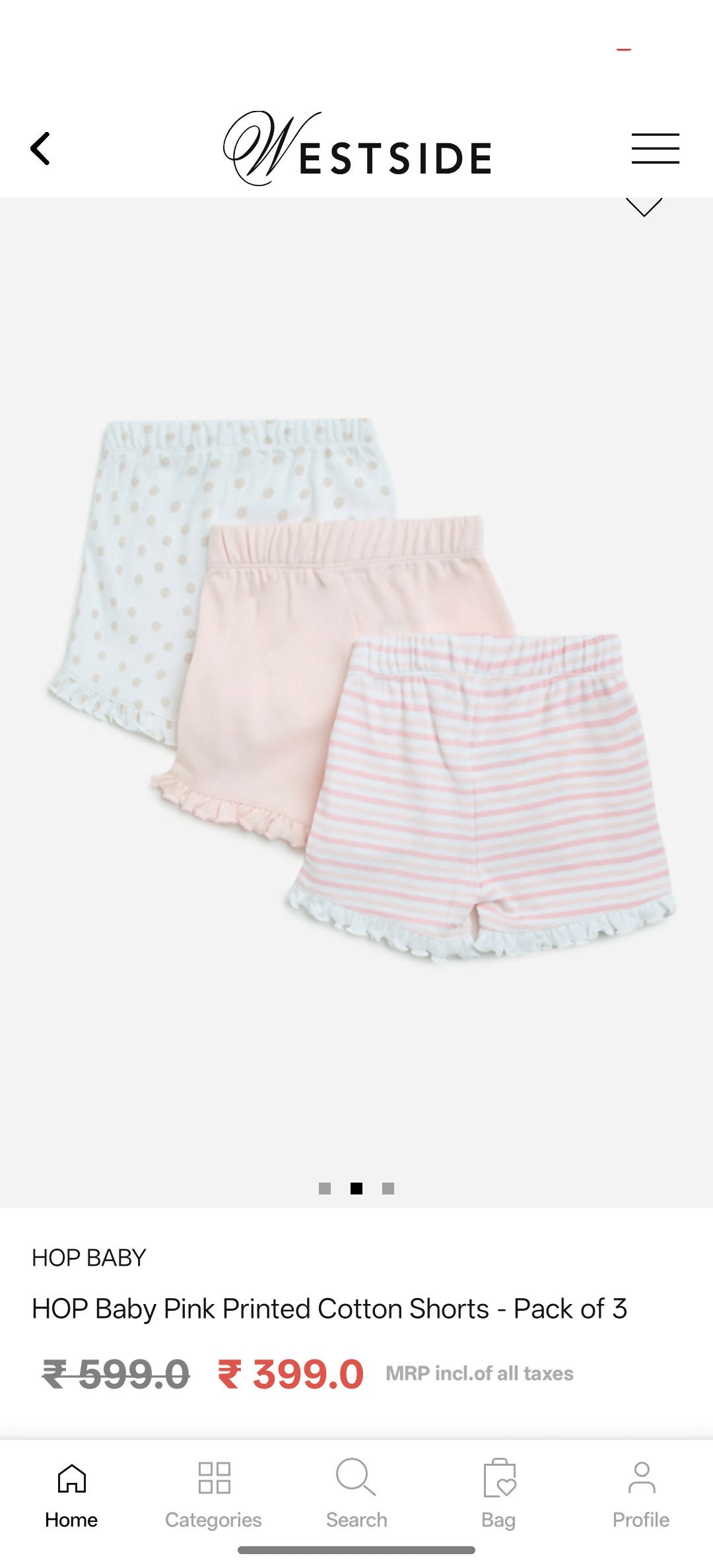 Pack of three baby pink printed cotton shorts with lace trim on a white background, branded 'Westside'.