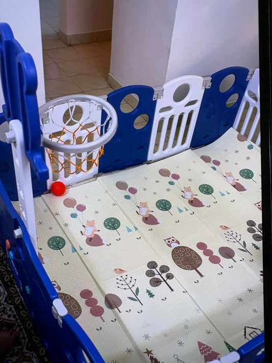 2-in-1 foldable kids playpen with basketball set & sensory toys – safe play area for indoor and outdoor fun.
