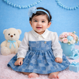 TINY TIGGY  Premium Cotton Baby Girl Denim Frock with attached White Shirt