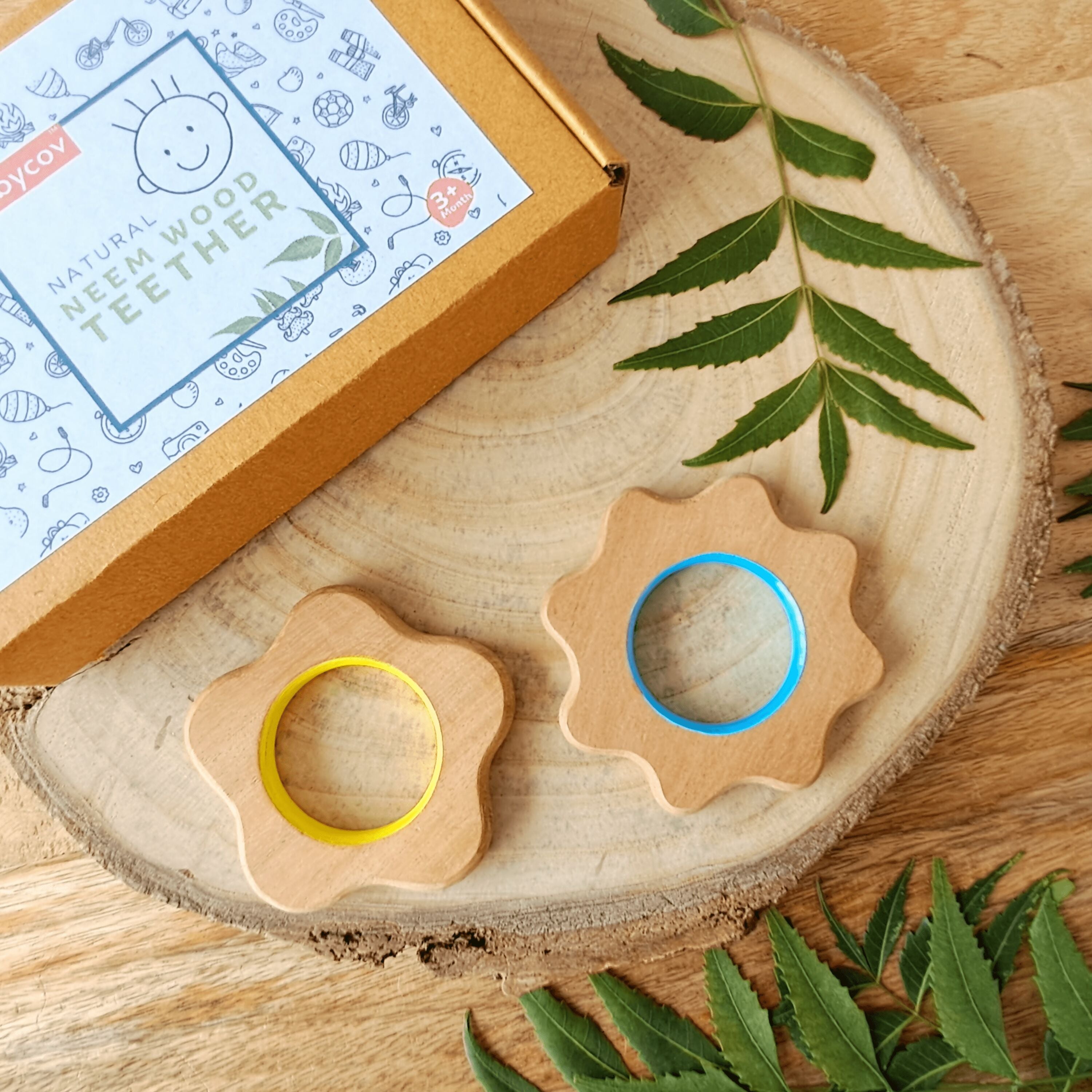 Explore shapes and soothe gums with Babycov's Cute Neem Wood Teethers - natural comfort for safe and playful chewing!