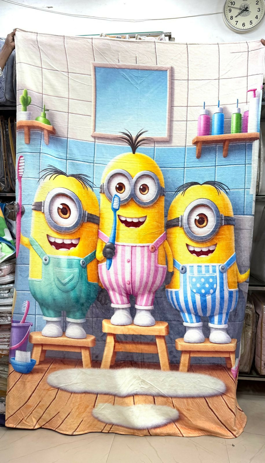 Minion-themed shower Blanket with cartoon characters in a bathroom setting