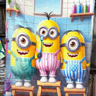 Minion-themed shower Blanket with cartoon characters in a bathroom setting