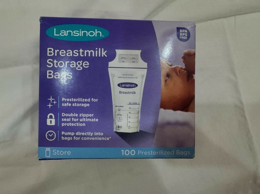 Store your breast milk safely and conveniently with Lansinoh Breast Milk Storage Bags – 50 pre-sterilized, BPA-free bags with double-sealed zipper, pour spout, and reinforced side seams for leak-proof storage.