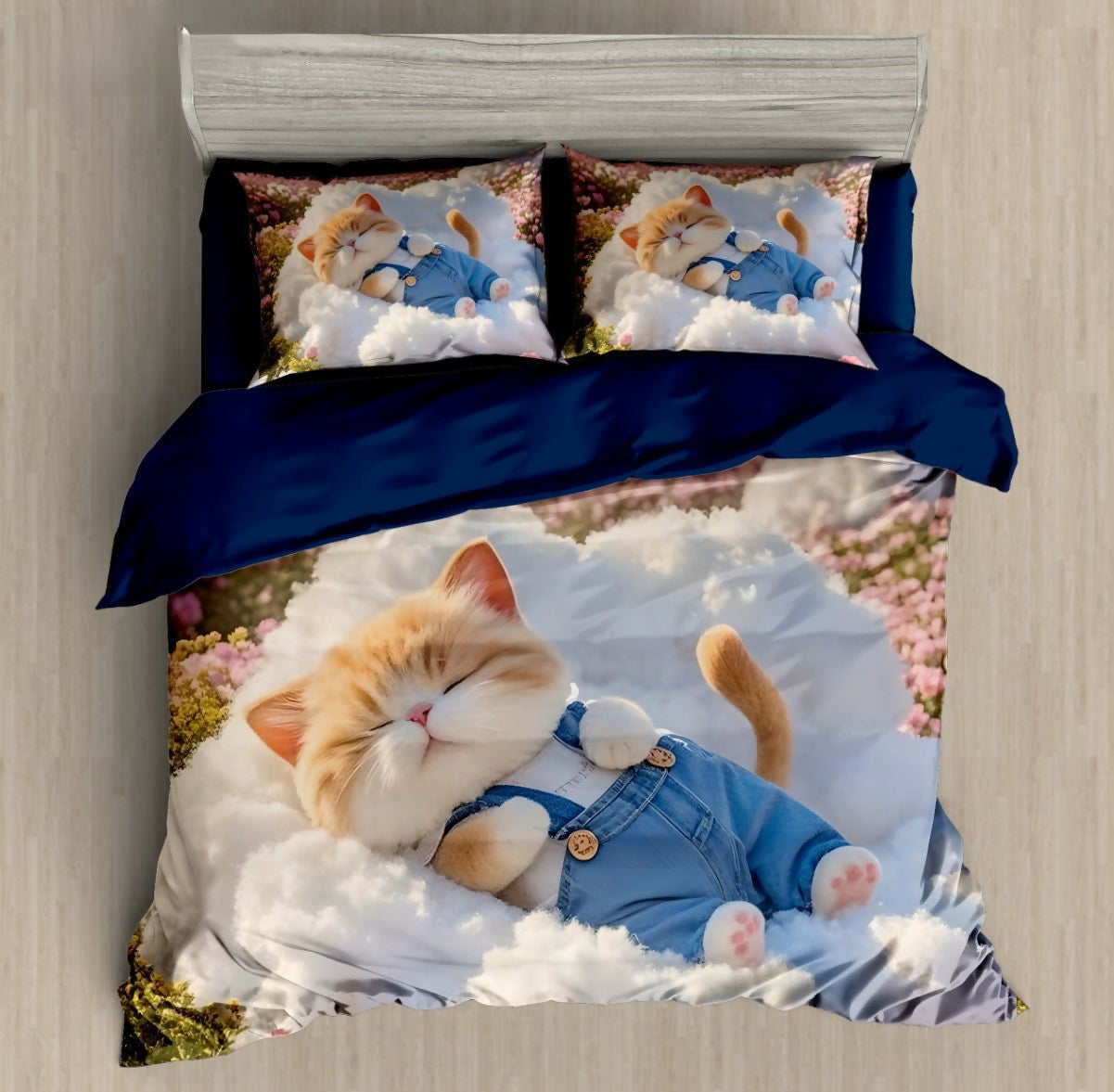 Bedding set with a cat design on a bed