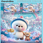 Teddy bear and teddy bear with a castle in the background, featuring MOKSHAY branding.