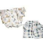 Baby 2-Piece Outfit Set, Floral Print Romper with Yellow Trim and Plaid Shorts, White and Grey