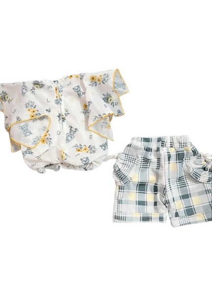 Baby 2-Piece Outfit Set, Floral Print Romper with Yellow Trim and Plaid Shorts, White and Grey