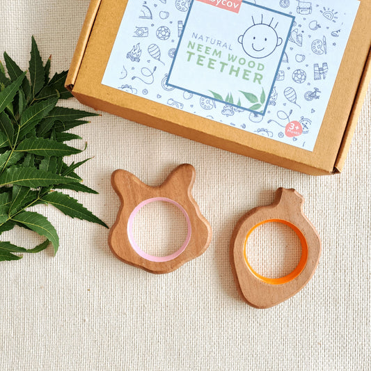 BABYCOV Cute Rabbit and Carrot Natural Neem Wood Teethers for Babies | Natural and Safe | Goodness of Organic Neem Wood | Both Chewing and Grasping Toy | Set of 2 (Age 4+ Months) - PyaraBaby