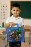 Child holding a blue Marvel Heroes lunchbox in a classroom setting