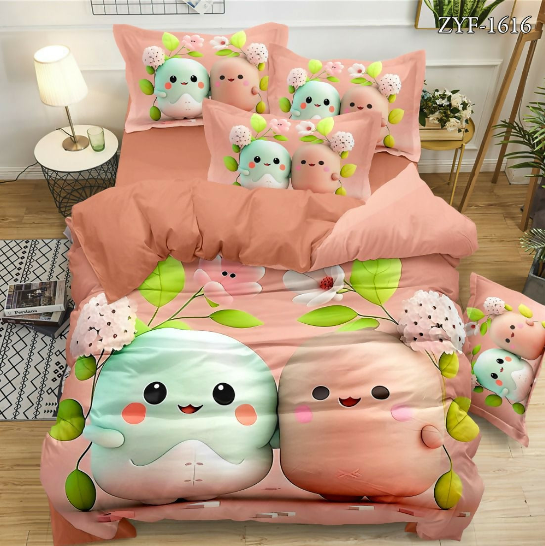 Bedding set with cartoon character design on a bed 