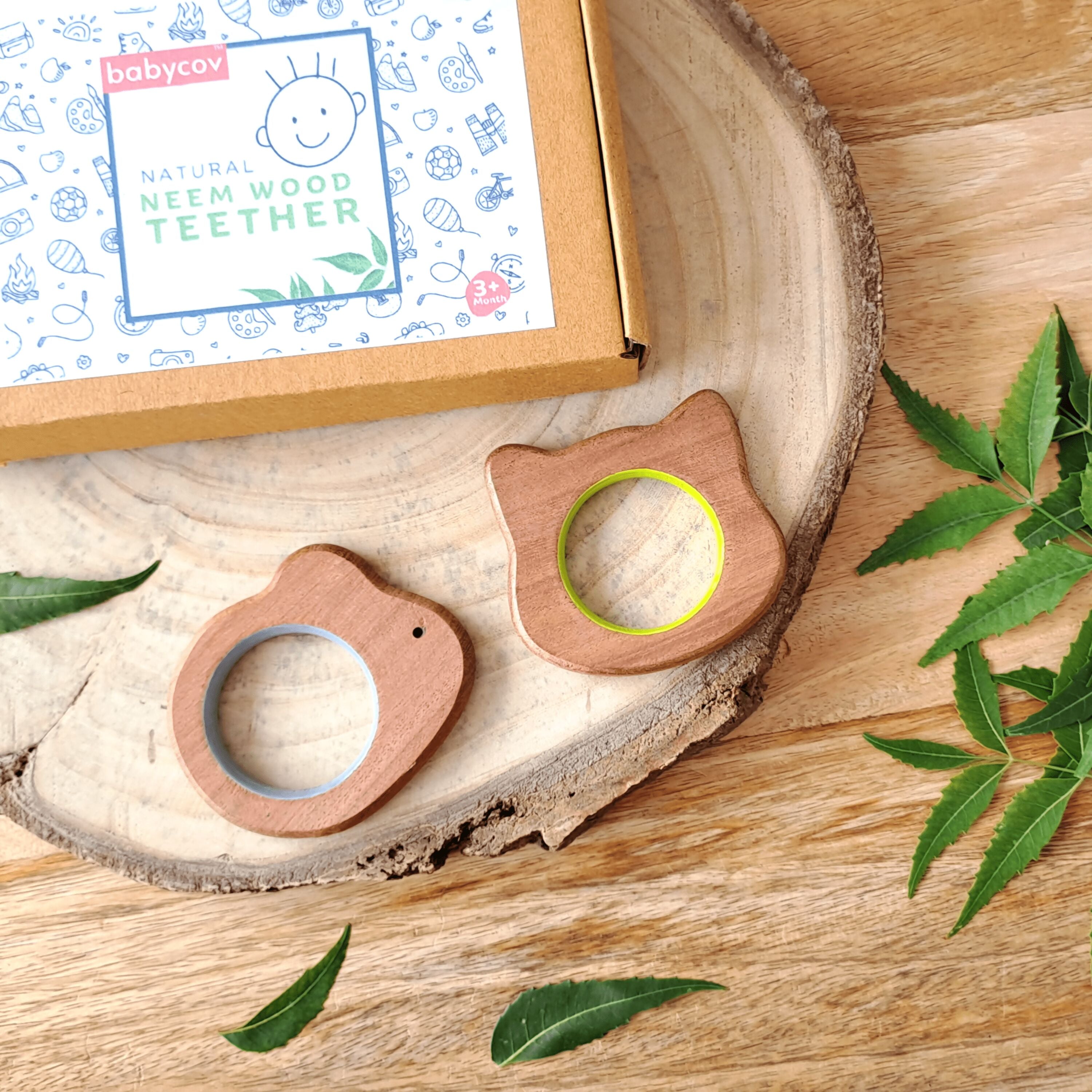 BABYCOV Cute Mouse and Cat Natural Neem Wood Teethers for Babies | Natural and Safe | Goodness of Organic Neem Wood | Both Chewing and Grasping Toy | Set of 2 (Age 4+ Months) - PyaraBaby