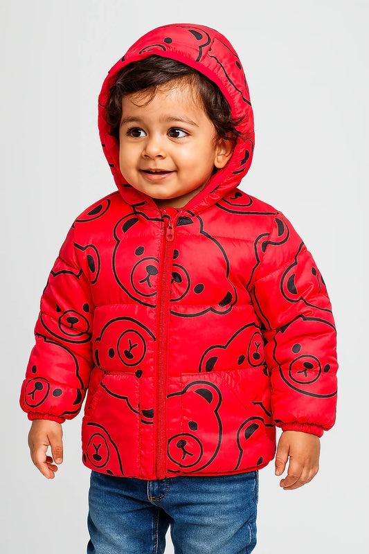 Child wearing a red jacket with black bear patterns 