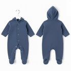 Blue baby onesie with hood shown from front and back
