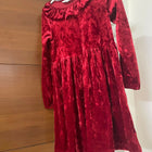 Red velvet dress on a hanger against a wooden door background