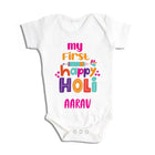 White baby onesie with colorful text 