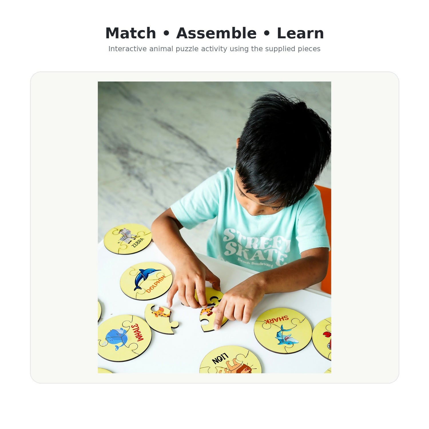iLearnNGrow 27 Piece Round Animal Puzzle for Kids featuring colourful animal illustrations and a convenient tin storage box, designed to encourage problem-solving, observation, matching and hand-eye coordination through play