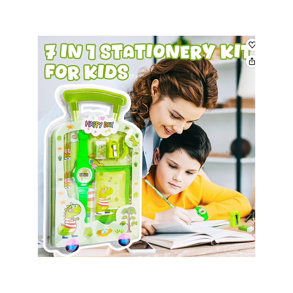 iLearnNGrow Luggage Packing Stationery Rakhi Combo in Green featuring school essentials, watch, wallet, stationery items, and a festive Rakhi, packed as a fun and practical Raksha Bandhan gift for kids.