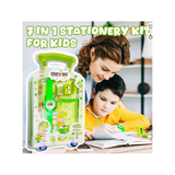 iLearnNGrow Luggage Packing Stationery Rakhi Combo in Green featuring school essentials, watch, wallet, stationery items, and a festive Rakhi, packed as a fun and practical Raksha Bandhan gift for kids.