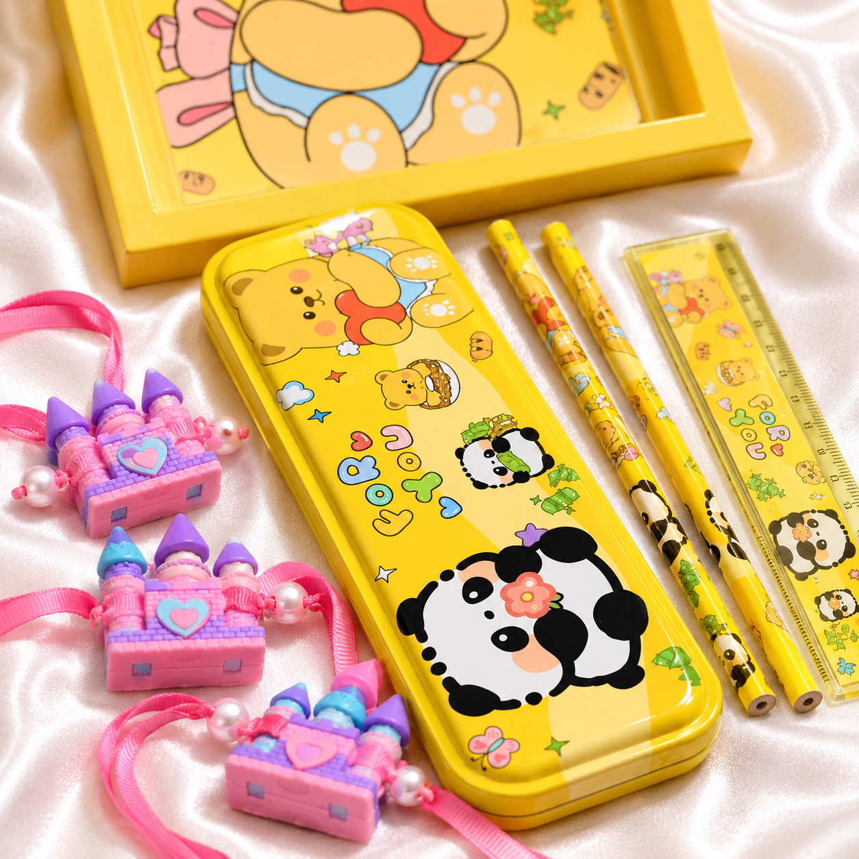 iLearnNGrow Panda Theme Stationery Rakhi Combo featuring a cute panda pencil box set with a festive Rakhi, combining useful school stationery with a fun Raksha Bandhan gift for kids.