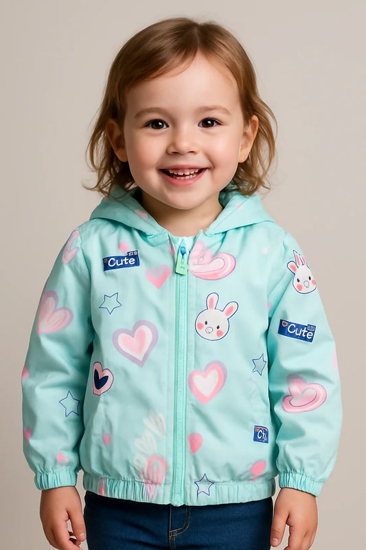 Child wearing a light blue jacket with cartoon designs