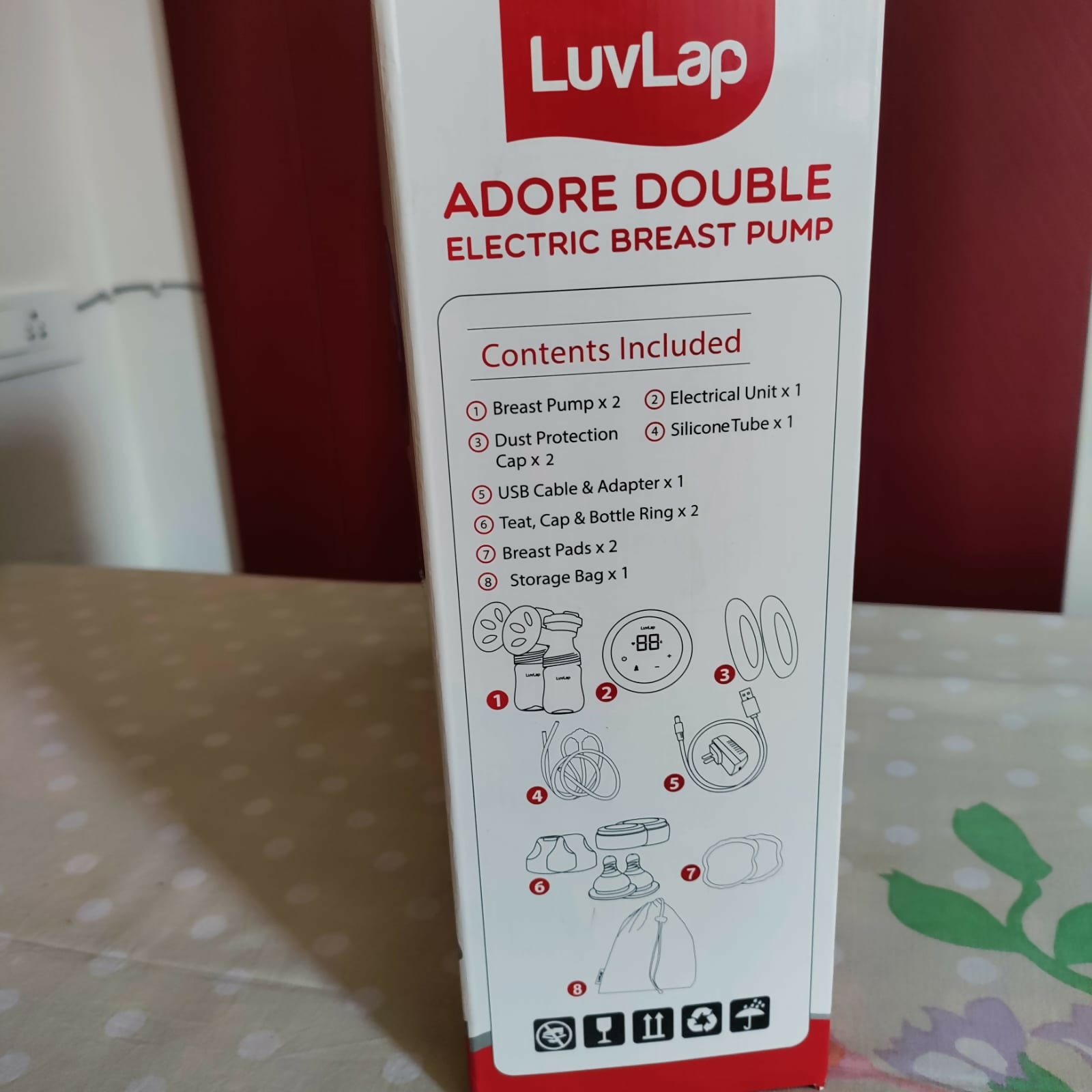 LuvLap Adore Double Electric Breast Pump – dual-mode, silicone cushion, BPA-free, rechargeable battery, adjustable suction for efficient and comfortable breastfeeding.