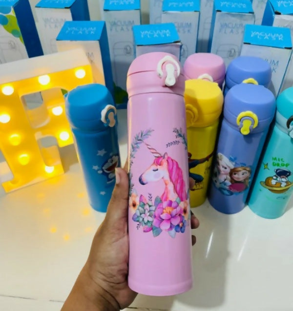 Colorful water bottles with cartoon designs