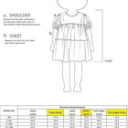 Measurement chart for children's dresses with a line drawing of a child wearing a dress.