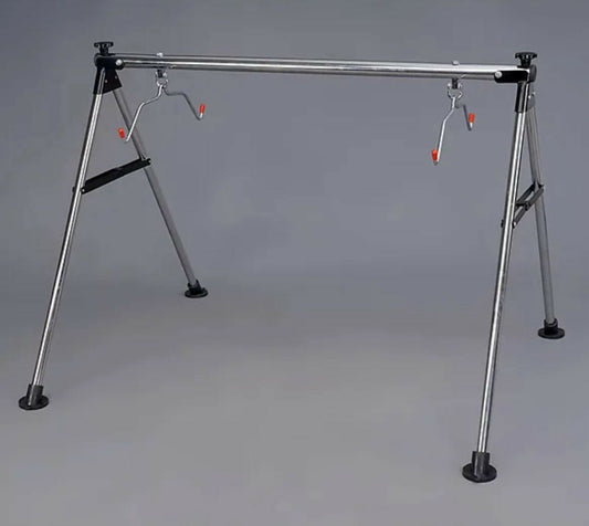 Metal stand with adjustable arms on a gray background
