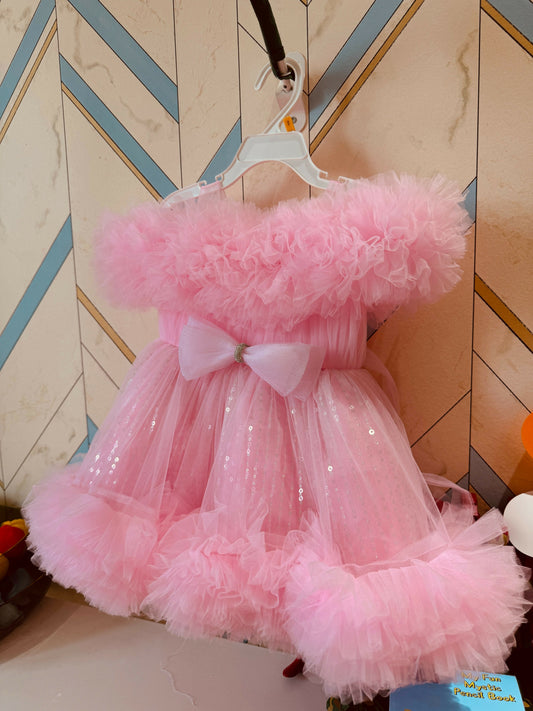 Girls Balloon Frill Party Dress - Baby Pink Frock ( 9-12 m)