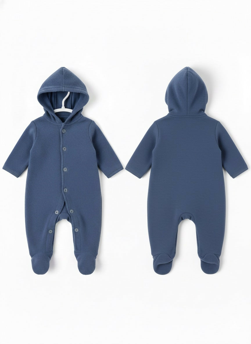 Blue baby onesie with hood shown from front and back 