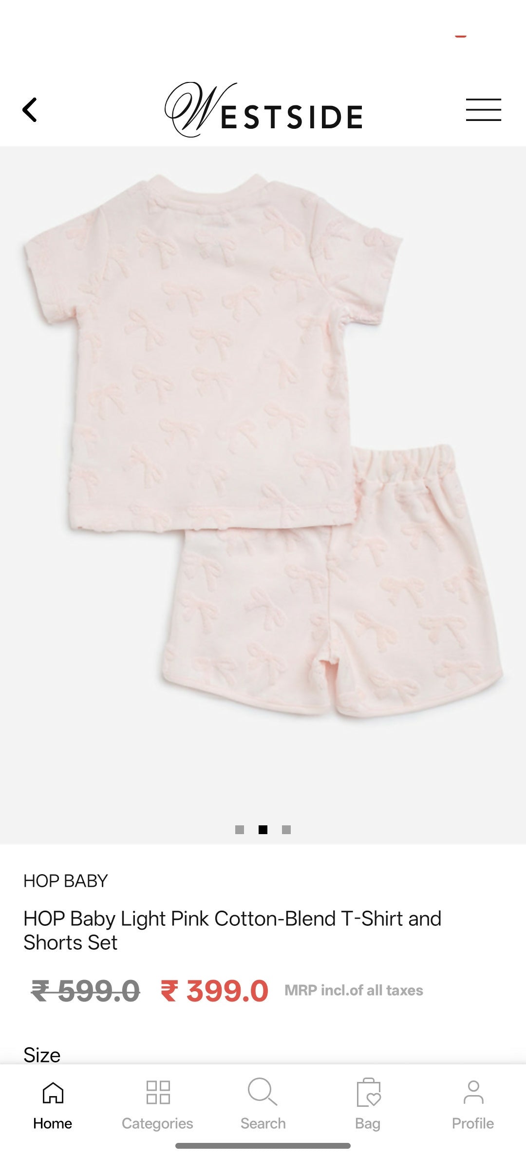 Light pink baby t-shirt and shorts set on Westside app with price and discount information.
