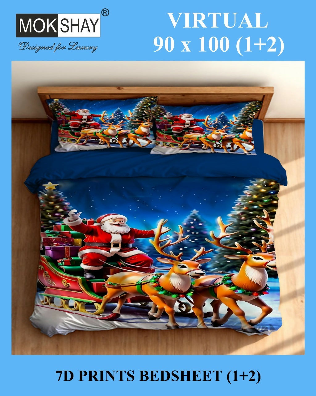 Christmas-themed bedding set with Santa Claus and reindeer on a bed.