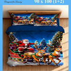 Christmas-themed bedding set with Santa Claus and reindeer on a bed.