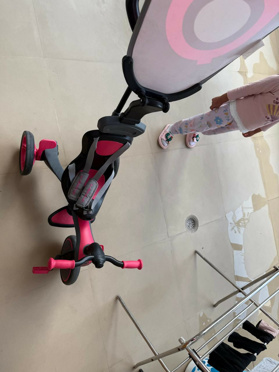 Baby tricycle with a sturdy frame, smooth wheels, ergonomic seat, and parent steering handle—perfect for safe and fun toddler adventures indoors and outdoors.