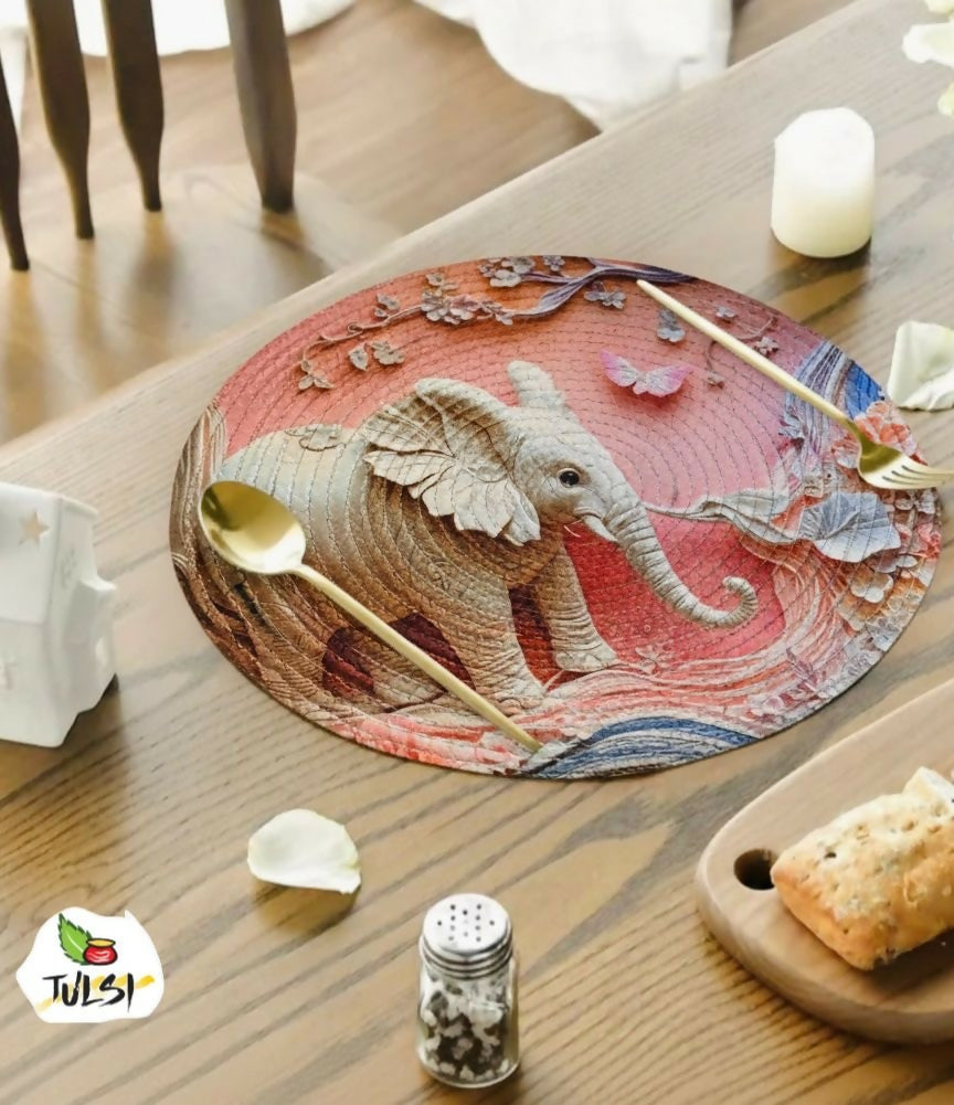 Round placemat with elephant design 