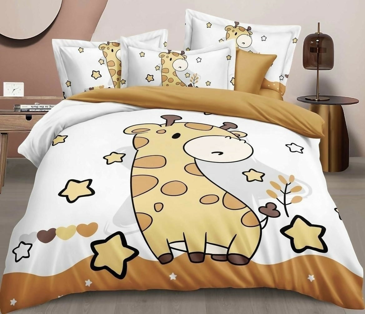 Bedding set with giraffe design on a bed