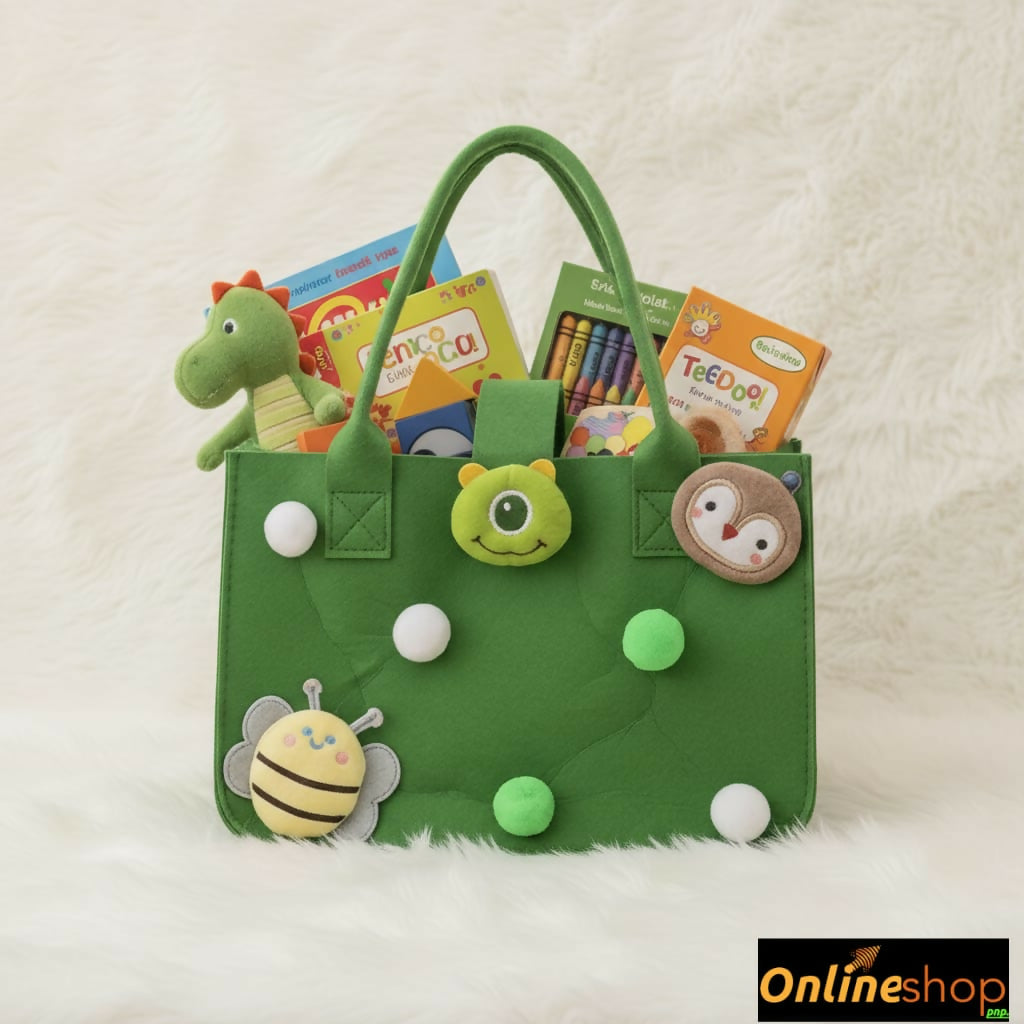 Green children's bag with animal-shaped compartments 