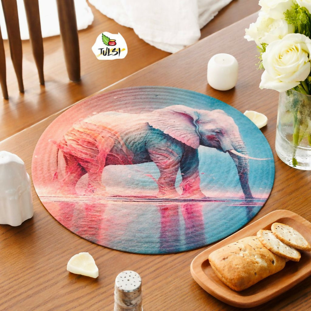 Round placemat with elephant design 