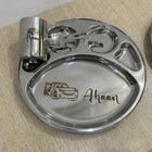 Name engraved baby feeding plate set with 5 sections, spoon, fork, and cup, durable stainless steel design.
