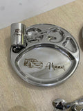 Name engraved baby feeding plate set with 5 sections, spoon, fork, and cup, durable stainless steel design.