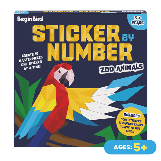BeginBird Sticker by Number Zoo Animals kit packaging with a parrot illustration on a blue background.
